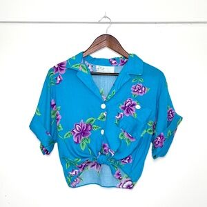 VTG Made in Hawaii Crop Top Hawaiian Button-Up Tie Shirt Blue Floral